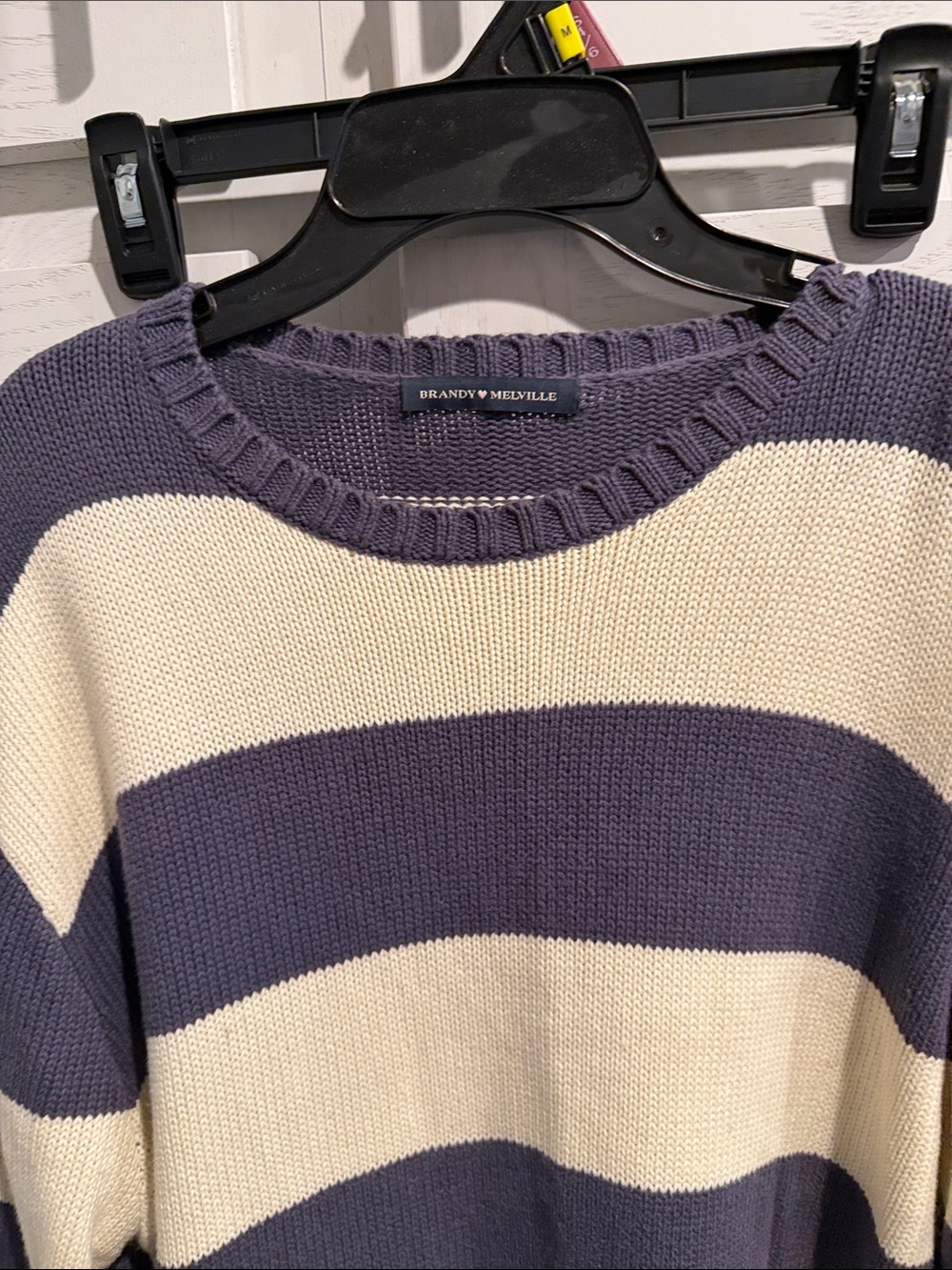 Brandy Melville Navy and Cream Striped Crewneck Sweater